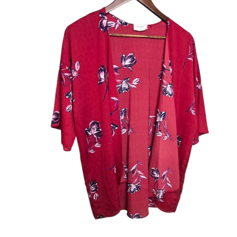 Everly Red Floral Open Front‎ Kimono Short Sleeve Boho Top Size S